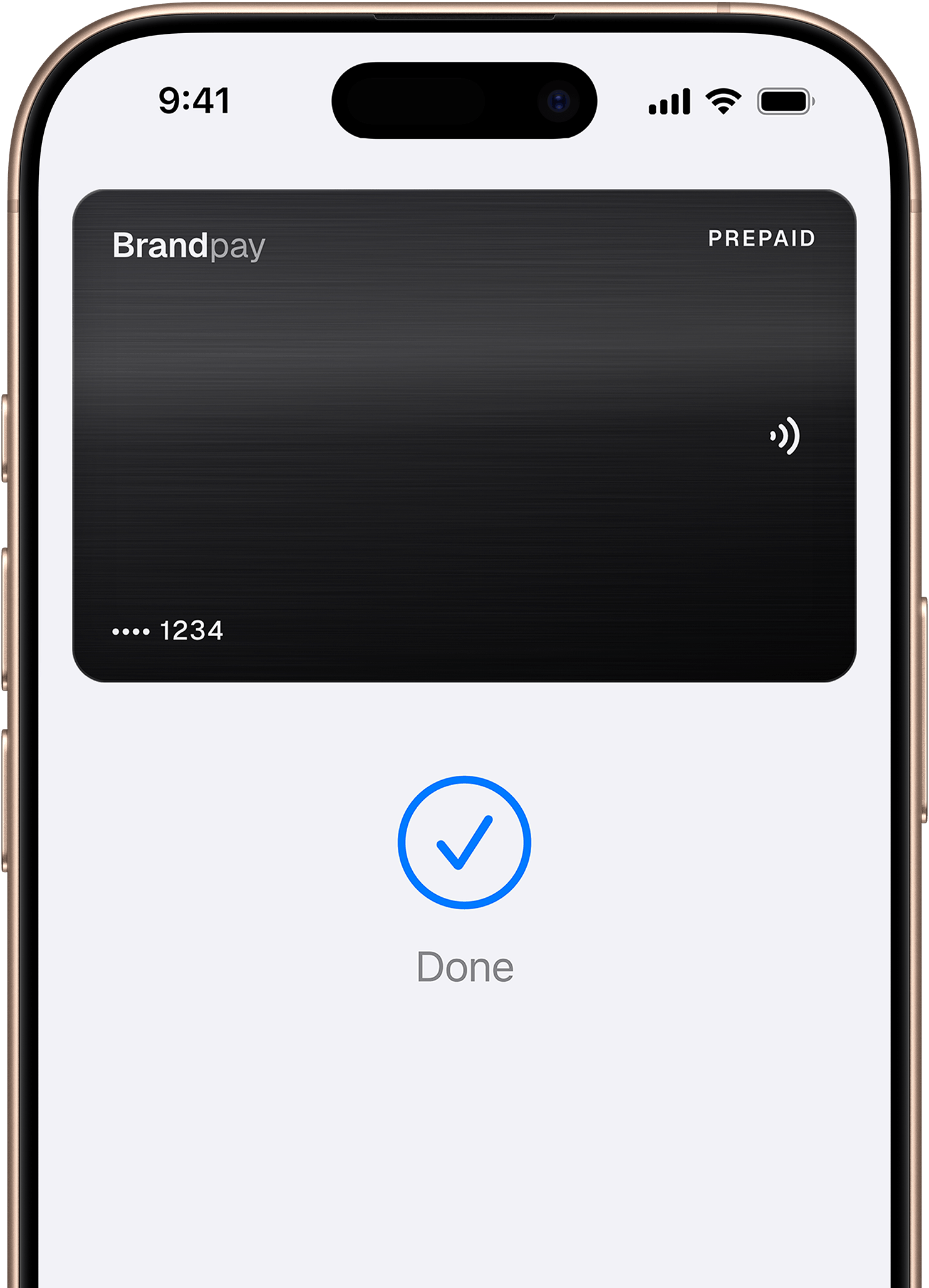 An iPhone showing the BrandPay card in Apple Wallet with a Done confirmation